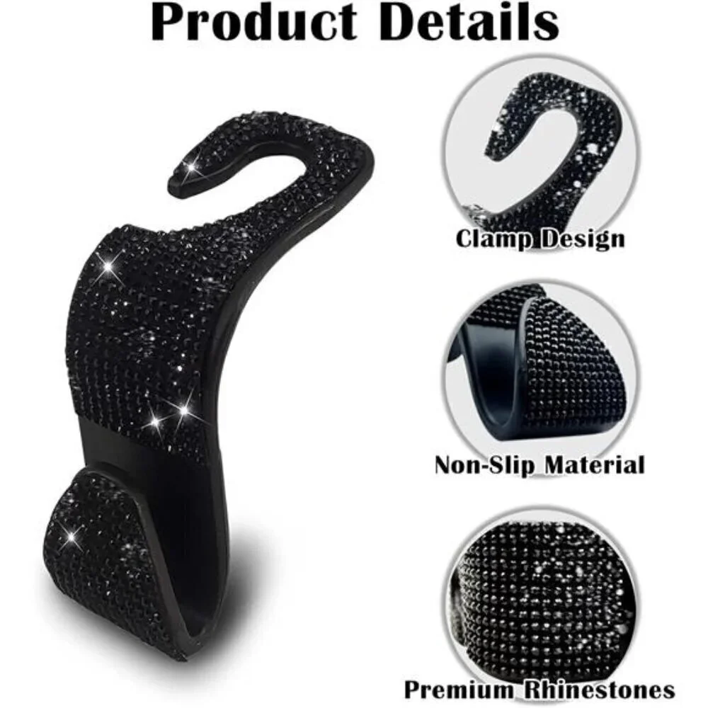 Bling Car Seat Hooks Black (2 Pack) Bling Rhinestones Crystal Hanger Organizer